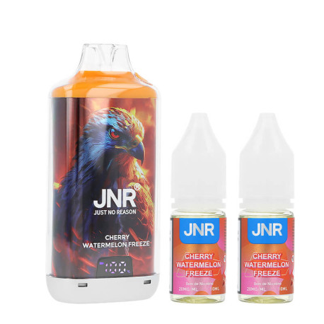 JNR's Falcon-X Plus Cherry Watermelon Freeze Refillable Puff and its e-liquid bottles