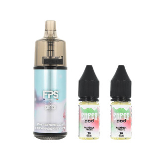 The Enfer Watermelon Strawberry Ice refillable puff by FPS and the two 10ml e-liquid bottles with 20mg/ml nicotine salt rate