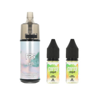 The Enfer Passion Fruit Kiwi Ice refillable puff by FPS and the two 10ml e-liquid bottles with 20mg/ml nicotine salt rate
