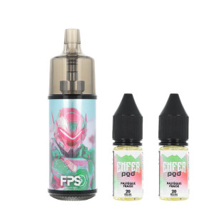 The Enfer Watermelon Strawberry Ice refillable puff by FPS and the two 10ml e-liquid bottles with 20mg/ml nicotine salt rate