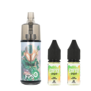 The Enfer Passion Fruit Kiwi Ice refillable puff by FPS and the two 10ml e-liquid bottles with 20mg/ml nicotine salt rate