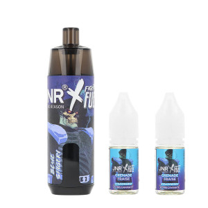 JNR and Fighter Fuel's Blue Shigeri Refillable Puff ans its 2 eliquids in salt of nicotine