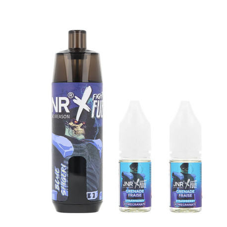 JNR and Fighter Fuel's Blue Shigeri Refillable Puff ans its 2 eliquids in salt of nicotine