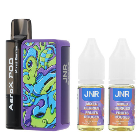 JNR's AeroX Mixed Berries refillable puff and its two e-liquids with nicotine salts