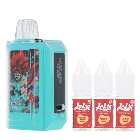 Lost Vape's Le Bar 45K refillable puff and the three Pomme Pêche Poire e-liquids