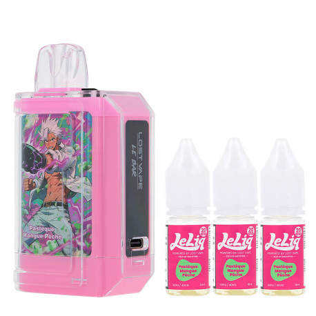 Lost Vape's Le Bar 45K refillable puff and the three Pastèque Mangue Pêche e-liquids