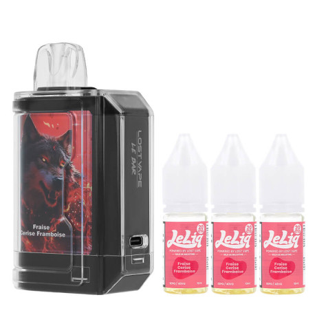 Lost Vape's Le Bar 45K refillable puff and the three Fraise Cerise Framboise e-liquids