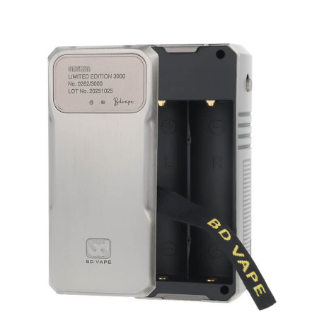 The 18650 dual battery compartment of BD Vape's Rayden 220 Limited Edition mod