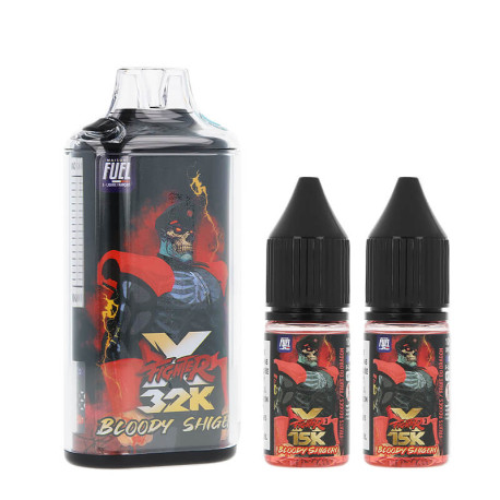 Maison Fuel's 32K Fighter X refillable puff and the two Bloody Shigeri e-liquids