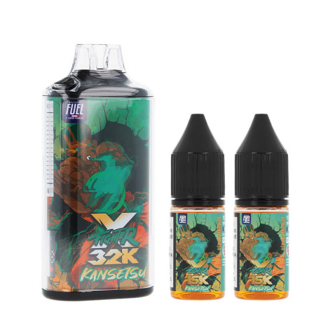 Maison Fuel's Fighter X Kansetsu 32K refillable puff ans its two eliquids