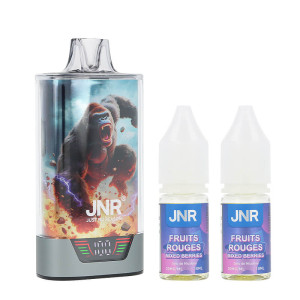JNR's Gorilla X Mixed Berries 43K refillable puff and its two e-liquids with nicotine salts