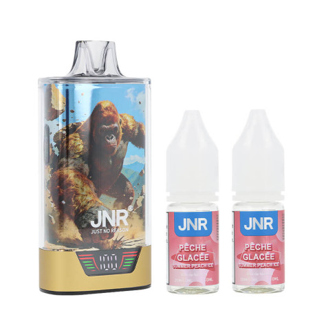 JNR's Gorilla X Summer Peach Ice 43K refillable puff and its two e-liquids with nicotine salts