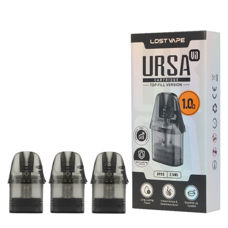 The three Lost Vape's Ursa cartridges in 1.0ohm