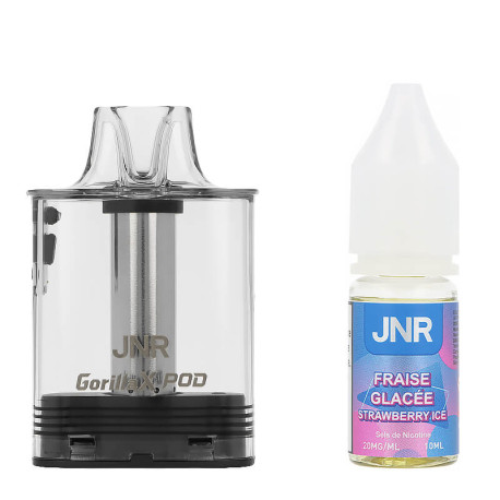 The JNR Gorilla X cartridge and its 10ml Strawberry Ice e-liquid with 20mg/ml nicotine salts