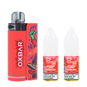 OXVA's OXBAR Pastèque Cerise OX35K puff and its two 20mg/ml nicotine salt e-liquids