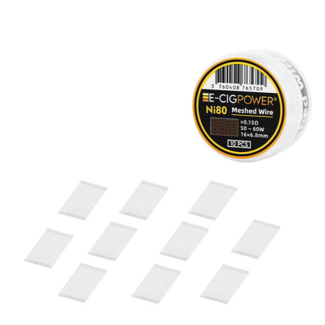 The ten E-Cig Power's Ni80 Mesh Wire Coils in 0.15ohm