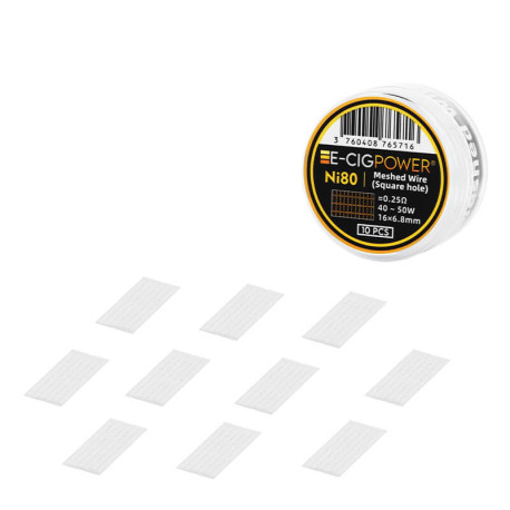 The ten E-Cig Power's Ni80 Mesh Wire Coils in 0.25ohm square