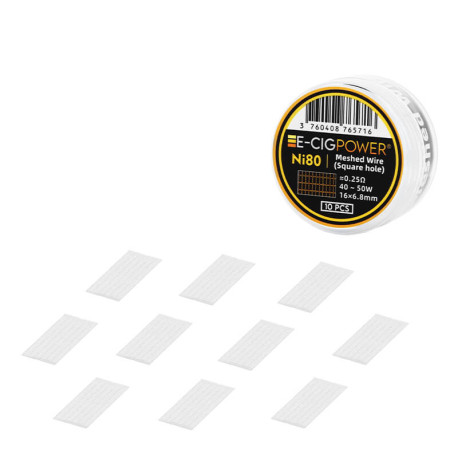 The ten E-Cig Power's Ni80 Mesh Wire Coils in 0.25ohm hexagonal