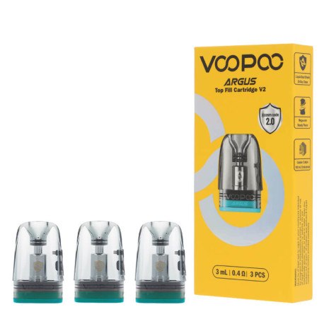 The three Voopoo's Argus Top Fill V2 cartridges in 3ml and 0.4ohm
