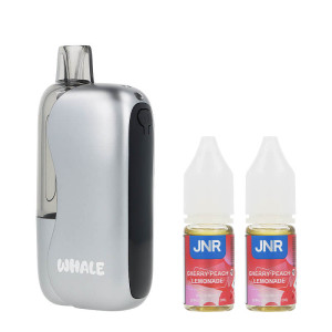 JNR's Whale 38K Cherry Peach Lemonade puff and its two e-liquids