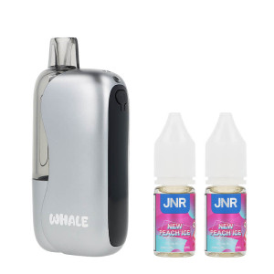 JNR's Whale New Peach Ice 38K puff and its two eliquids