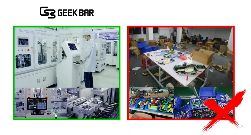 À gauche, photo de l'usine de fabrication des Geek Bar, À droite, photo de l'usine clandestine de copies