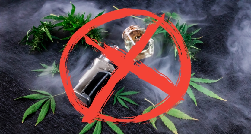 Feuilles de cannabis, vapote et symbole interdit