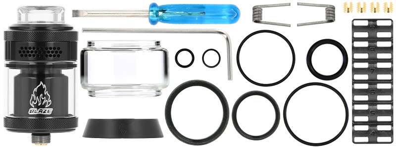 Le contenu de la boîte de l'atomiseur Blaze Solo 2 RTA de ThunderCloud X Mike Vapes