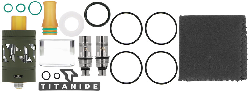 Le contenu de la boîte du clearomiseur Apogée 1.5 Cerakote par Titanide