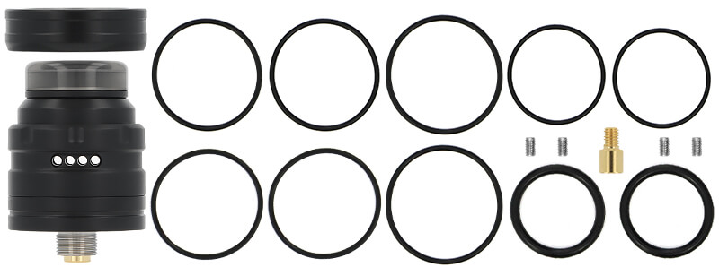 Le contenu de la boîte du dripper San Mini RDA de chez San Indonesia x Gerobak Vapor