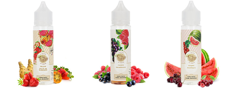 The three e-liquids in the Le Petit Verger Fruits Rouges 50ml pack by Savourea