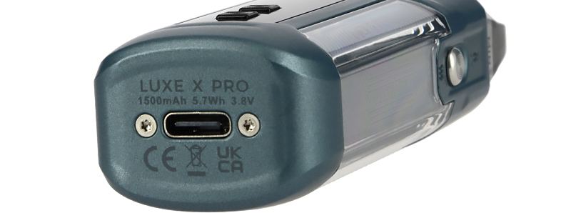 The USB-C charge port of Vaporesso's Luxe X Pro pod