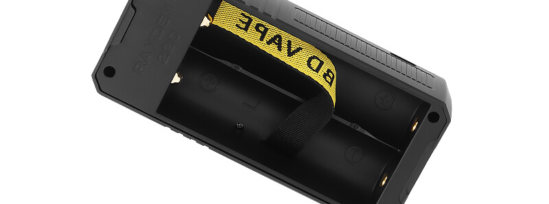 The dual battery compartment of BD Vape's Rayden 220 mod