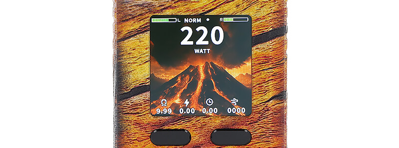 L'écran de la box Rayden 220 Volcano Rare Edition par BD Vape