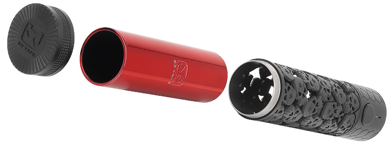 The single battery compartment of BD Vape's Blaster Skull Edition mod