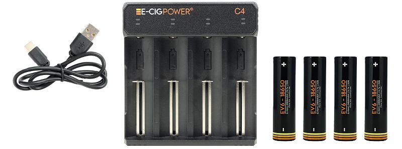 Le contenu du pack chargeur C4 LED Accu EV6 18650 par A&L
