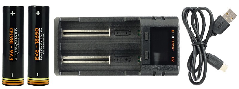 Le contenu du pack Chargeur D2 LCD Accu EV6 18650 par A&L