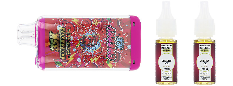 Box contents of Tornadoliq's Crazy Puff Cherry Ice puff
