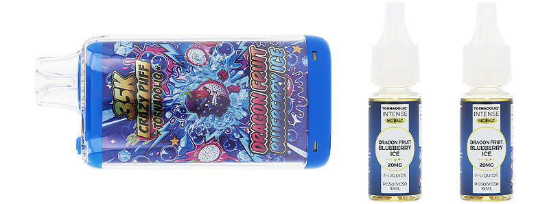 Box contents of Tornadoliq's Crazy Puff Dragon Fruit Blueberry Ice puff