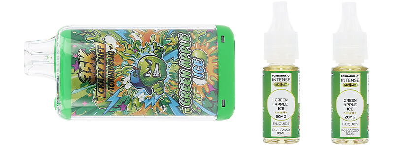 Box contents of Tornadoliq's Crazy Puff Green Apple Ice 35K puff