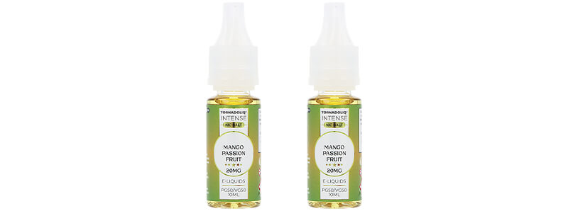 The two e-liquids of Tornadoliq's Crazy Puff Mango Passion Fruit puff