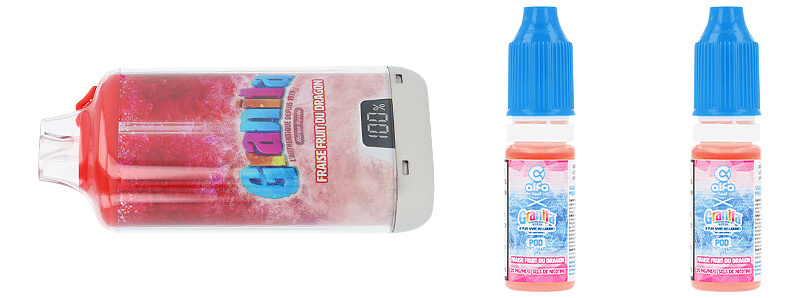 Le contenu de la boîte de la puff Granita 30K Fraise Fruit du Dragon par Alfaliquid