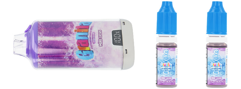 Le contenu de la boîte de la puff Granita 30K Mûre Cassis par Alfaliquid