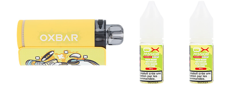 Le contenu de la boîte de la puff OXBAR OX35K Pêche Mangue Pastèque par OXVA