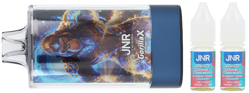 Le contenu de la boîte de la puff rechargeable Blueberry Cherry Cranberry 43K Gorilla X par JNR