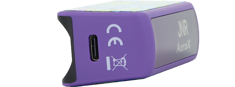 The USB-C port of JNR's AeroX Blueberry Red Raspberry puff