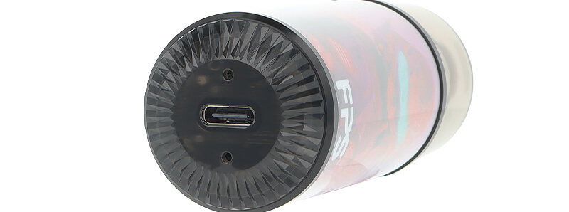 The USB-C port of FPS' Enfer Cherry Strawberry Ice refillable puff