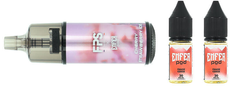 Box contents of FPS' Enfer Cherry Strawberry Ice refillable puff