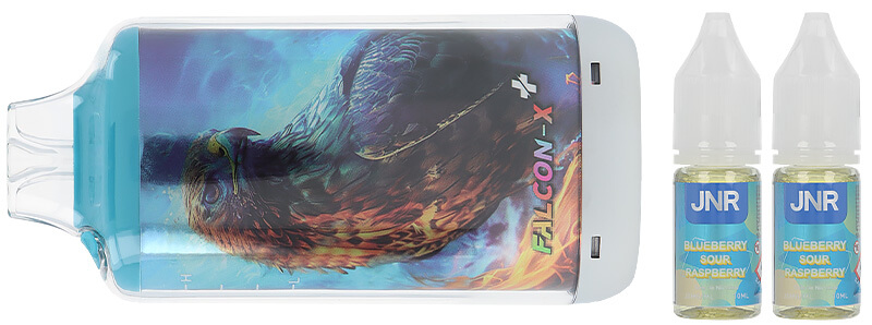 Box contents of JNR's Falcon-X Plus Blueberry Sour Raspberry refillable puff