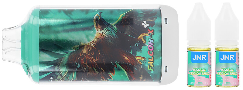Le contenu de la boîte de la puff rechargeable Falcon-X Plus Mango Passion Fruit par JNR